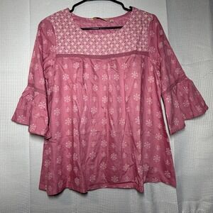 Siyahi Patterned Blouse M Dark Pink Bell Sleeve Crochet Trim